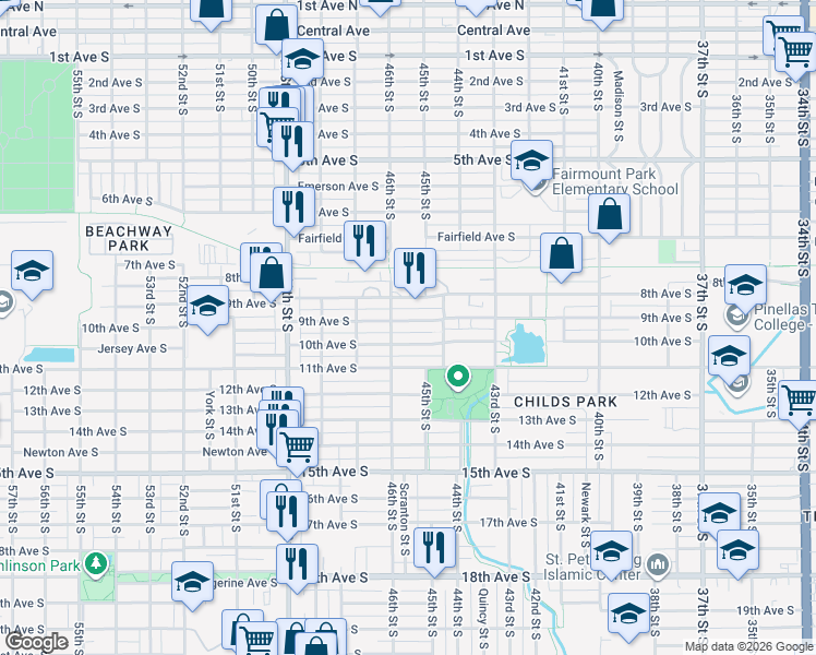 map of restaurants, bars, coffee shops, grocery stores, and more near 4510 9th Avenue South in St. Petersburg
