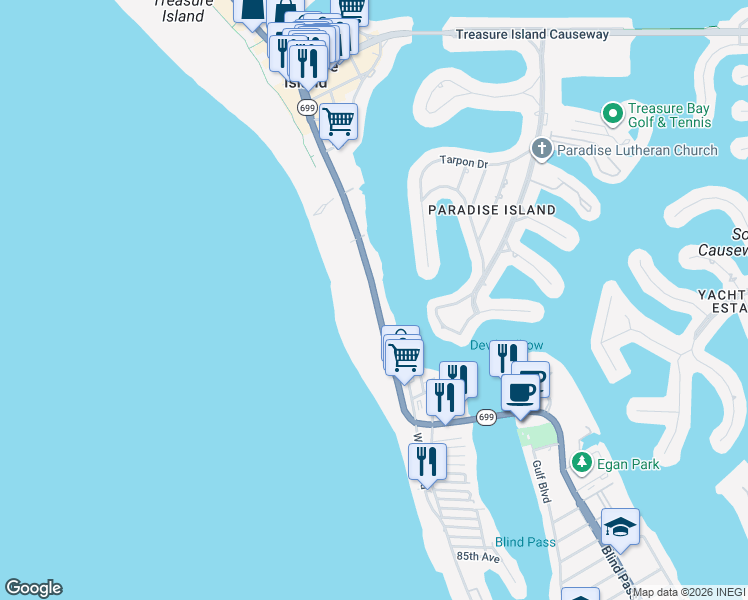 map of restaurants, bars, coffee shops, grocery stores, and more near 10063 Gulf Boulevard in Treasure Island