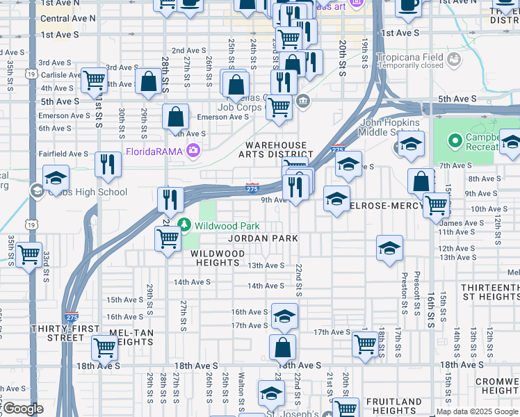 map of restaurants, bars, coffee shops, grocery stores, and more near 2390 9th Avenue South in St. Petersburg