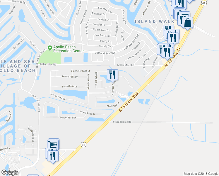 map of restaurants, bars, coffee shops, grocery stores, and more near 341 Silver Falls Drive in Apollo Beach
