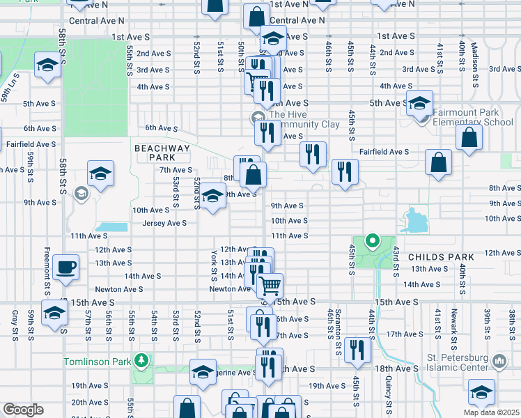 map of restaurants, bars, coffee shops, grocery stores, and more near 932 49th Street South in Gulfport