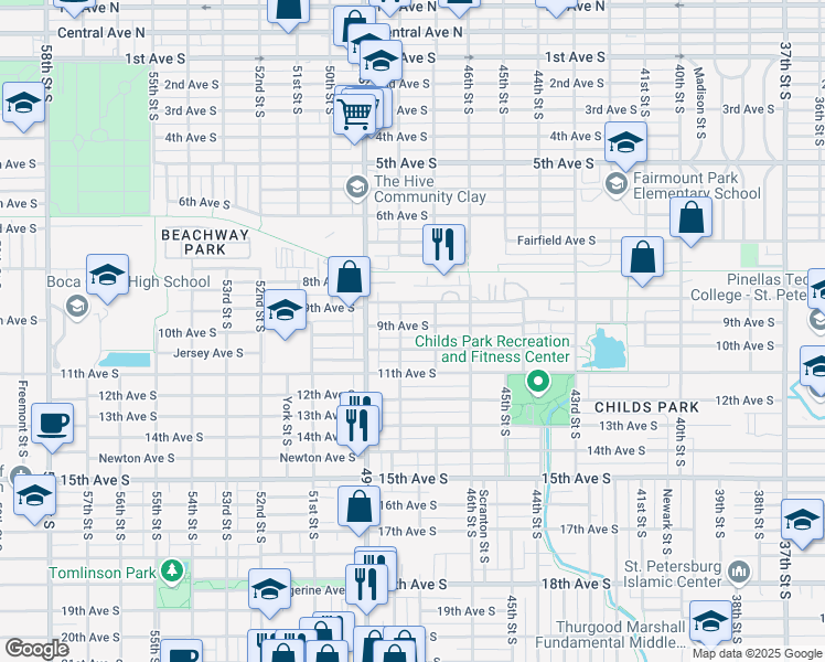 map of restaurants, bars, coffee shops, grocery stores, and more near 4742 9th Avenue South in St. Petersburg