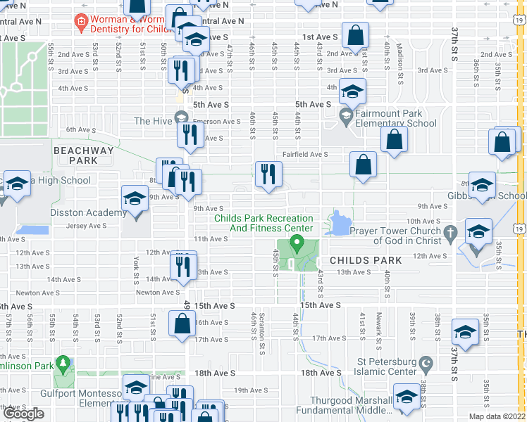 map of restaurants, bars, coffee shops, grocery stores, and more near 4518 9th Avenue South in St. Petersburg