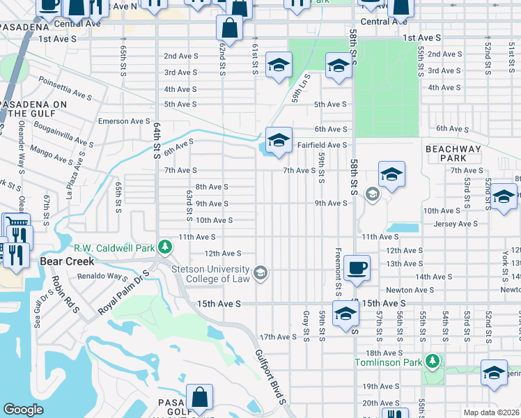map of restaurants, bars, coffee shops, grocery stores, and more near 908 61st Street South in Gulfport