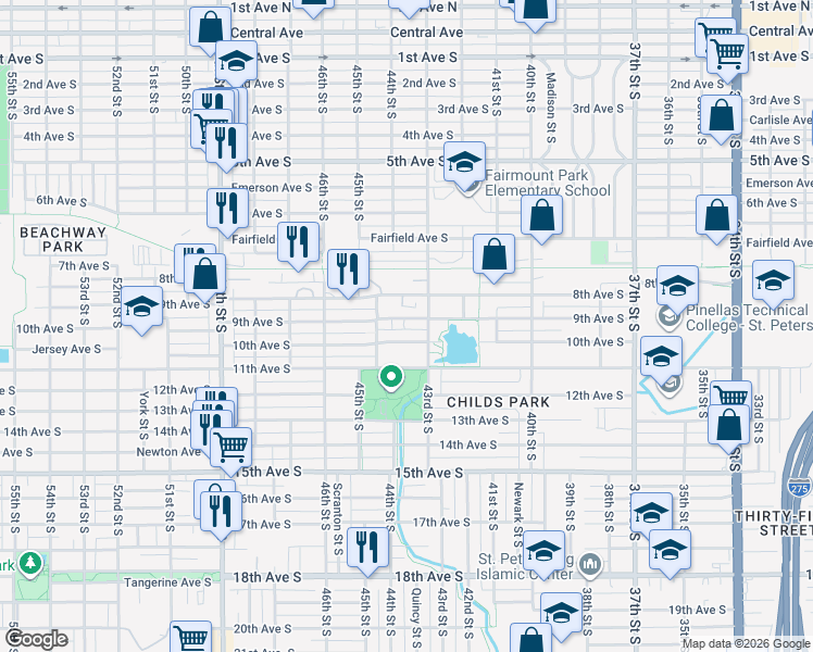 map of restaurants, bars, coffee shops, grocery stores, and more near 925 43rd Street South in St. Petersburg