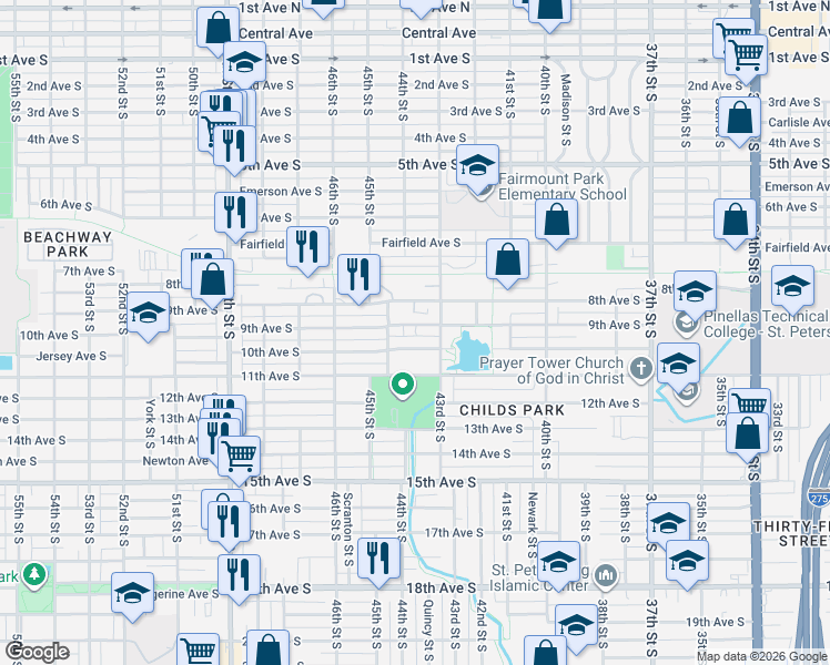 map of restaurants, bars, coffee shops, grocery stores, and more near 925 43rd Street South in St. Petersburg