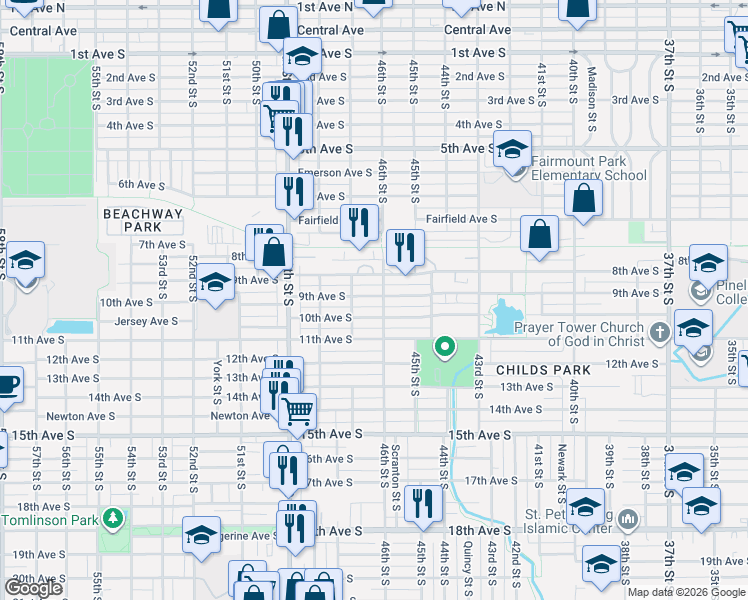 map of restaurants, bars, coffee shops, grocery stores, and more near 4634 9th Avenue South in St. Petersburg