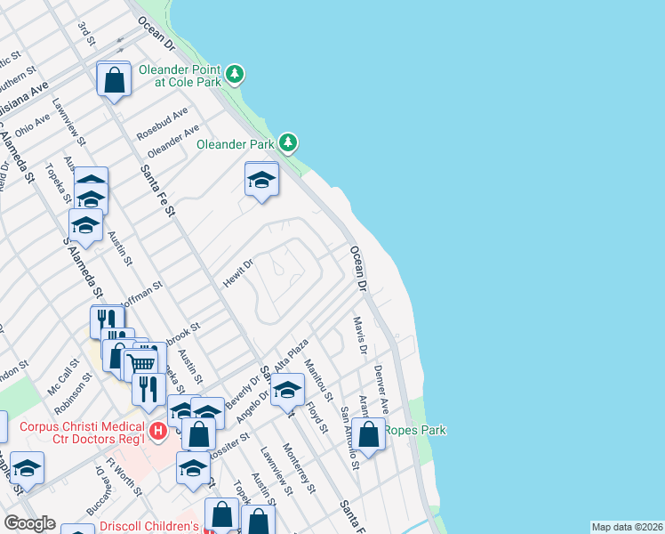 map of restaurants, bars, coffee shops, grocery stores, and more near 3285 Ocean Drive in Corpus Christi