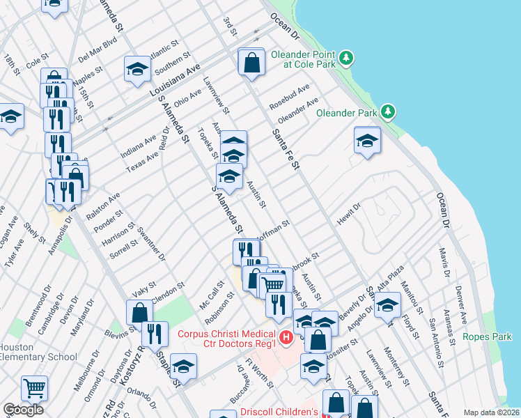 map of restaurants, bars, coffee shops, grocery stores, and more near 3025 Austin Street in Corpus Christi