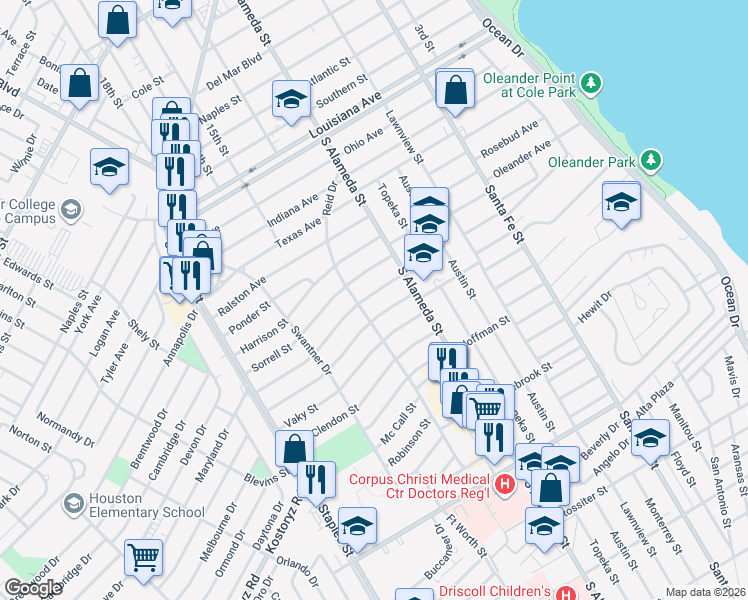 map of restaurants, bars, coffee shops, grocery stores, and more near 545 Deforrest Street in Corpus Christi