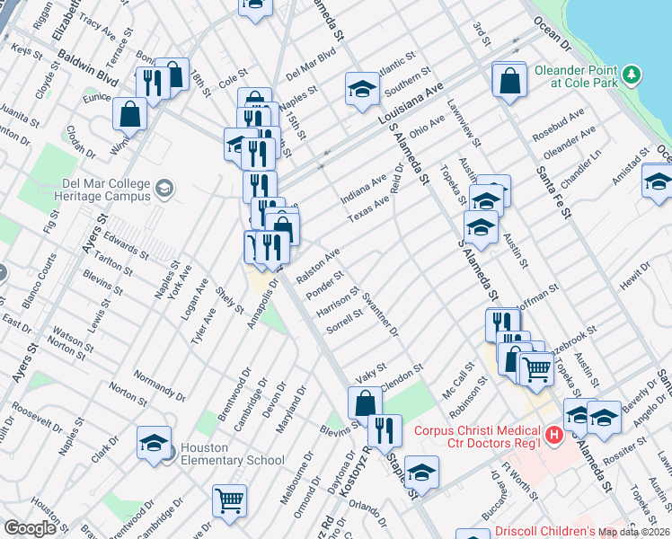 map of restaurants, bars, coffee shops, grocery stores, and more near 1010 Ponder Street in Corpus Christi