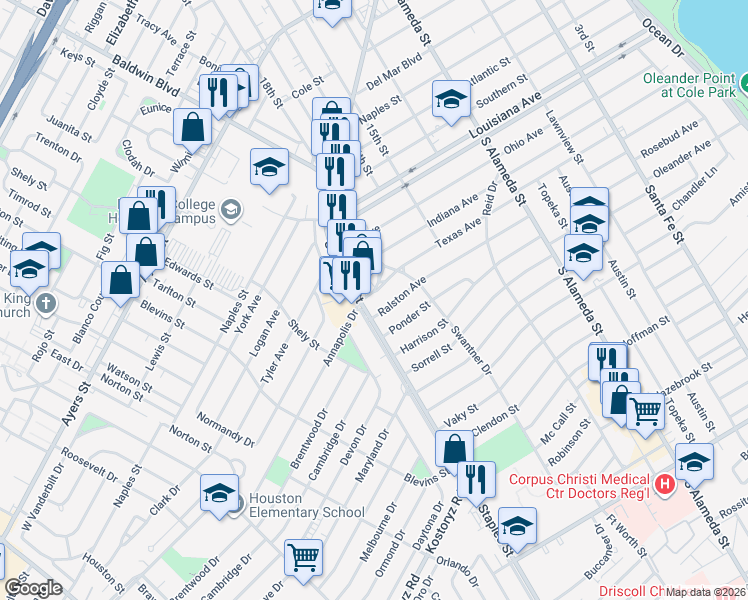 map of restaurants, bars, coffee shops, grocery stores, and more near 1032 Ralston Avenue in Corpus Christi