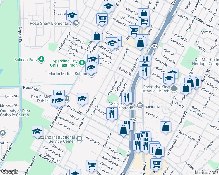 map of restaurants, bars, coffee shops, grocery stores, and more near 3809 Reynosa Street in Corpus Christi