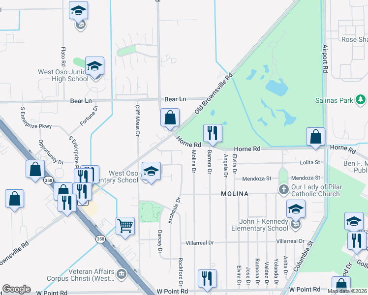map of restaurants, bars, coffee shops, grocery stores, and more near 1054 Golden Gate Circle in Corpus Christi