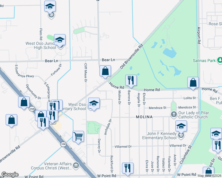 map of restaurants, bars, coffee shops, grocery stores, and more near 1054 Golden Gate Circle in Corpus Christi