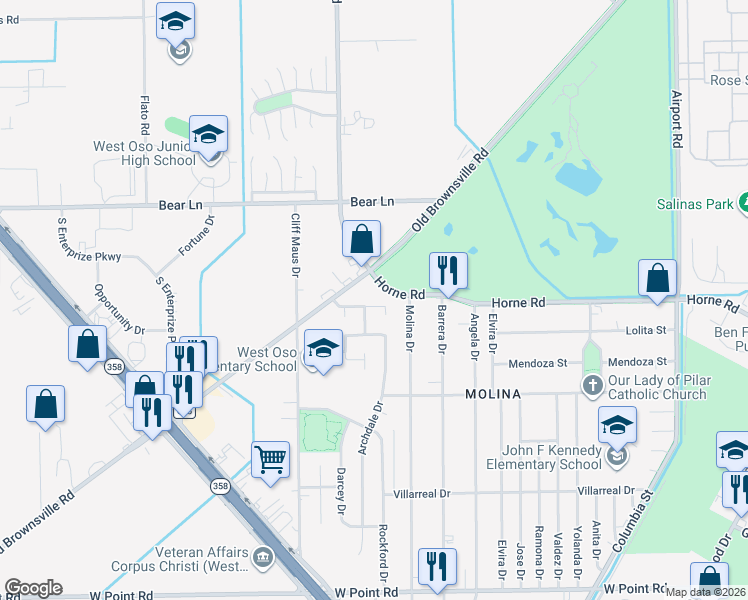 map of restaurants, bars, coffee shops, grocery stores, and more near 1054 Golden Gate Circle in Corpus Christi