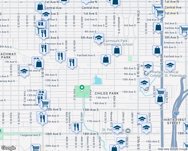 map of restaurants, bars, coffee shops, grocery stores, and more near 4236 9th Avenue South in St. Petersburg