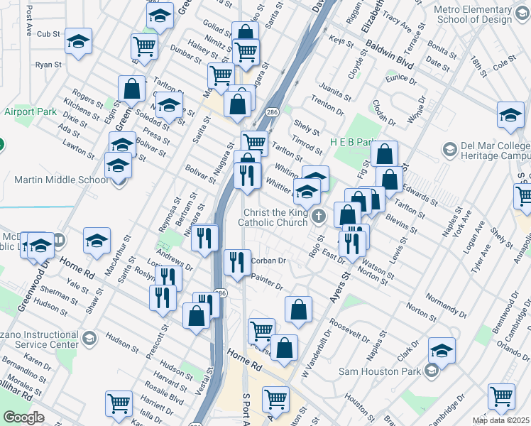 map of restaurants, bars, coffee shops, grocery stores, and more near 1737 Robin Drive in Corpus Christi