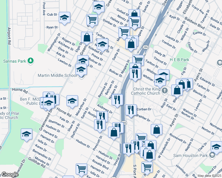 map of restaurants, bars, coffee shops, grocery stores, and more near 3746 Bertram Street in Corpus Christi