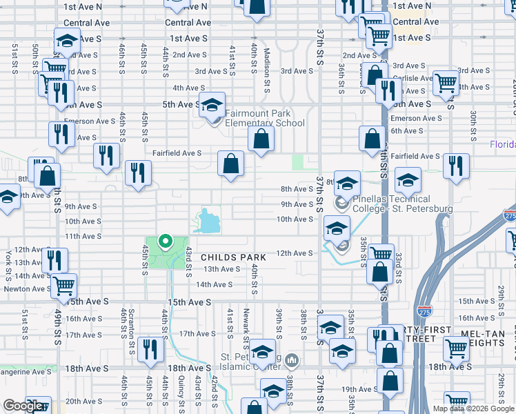 map of restaurants, bars, coffee shops, grocery stores, and more near 924 40th Street South in St. Petersburg