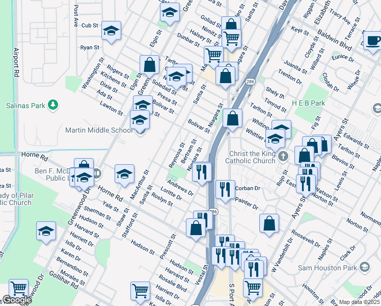 map of restaurants, bars, coffee shops, grocery stores, and more near 3746 Bertram Street in Corpus Christi