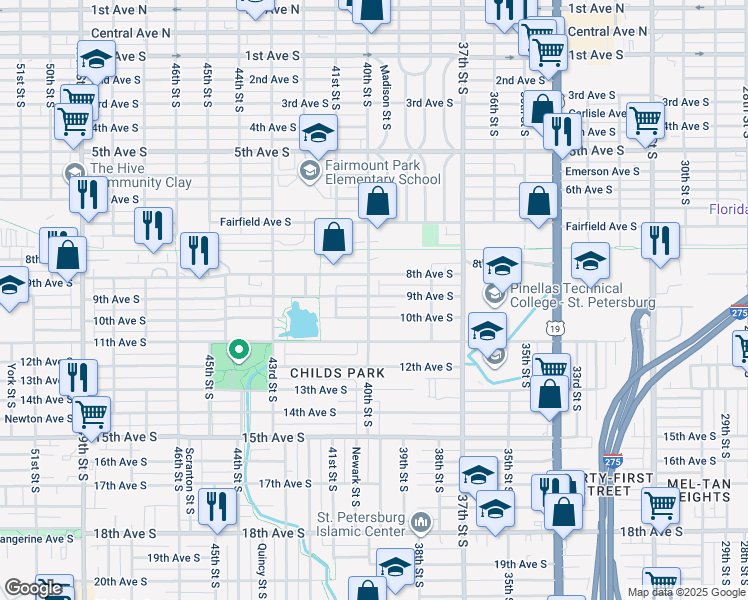 map of restaurants, bars, coffee shops, grocery stores, and more near 924 40th Street South in St. Petersburg