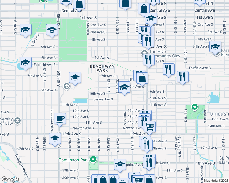 map of restaurants, bars, coffee shops, grocery stores, and more near 5200 10th Avenue South in Gulfport