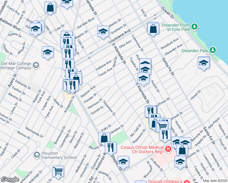 map of restaurants, bars, coffee shops, grocery stores, and more near 616 Sorrell Street in Corpus Christi