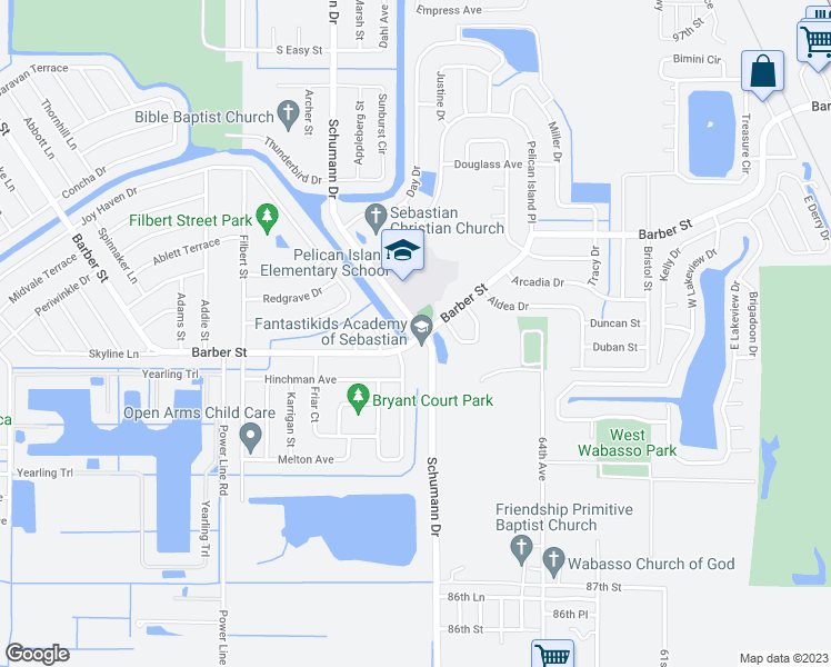 map of restaurants, bars, coffee shops, grocery stores, and more near 1394 Schumann Drive in Sebastian