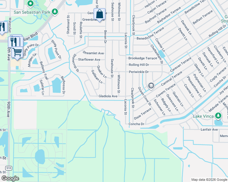 map of restaurants, bars, coffee shops, grocery stores, and more near 1699 Whitmore Street in Sebastian