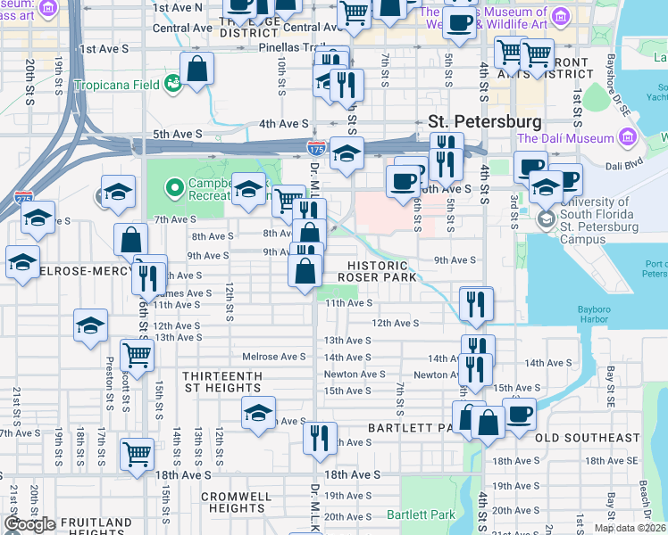 map of restaurants, bars, coffee shops, grocery stores, and more near 848 10th Avenue South in St. Petersburg