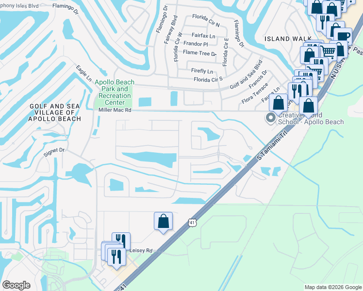 map of restaurants, bars, coffee shops, grocery stores, and more near 5815 Sunset Falls Drive in Apollo Beach