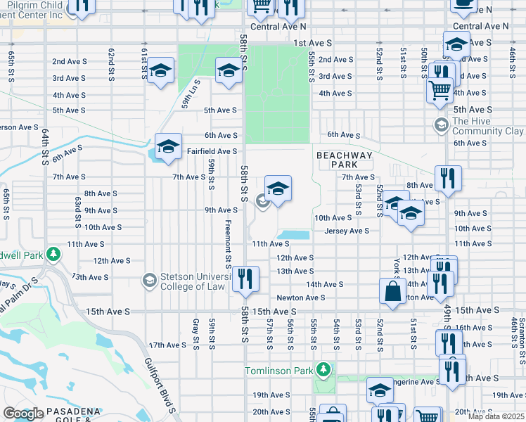 map of restaurants, bars, coffee shops, grocery stores, and more near 924 58th Street South in Gulfport