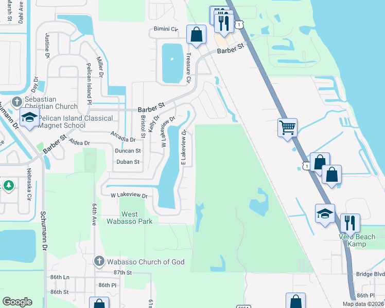 map of restaurants, bars, coffee shops, grocery stores, and more near Brigadoon Dr in Sebastian