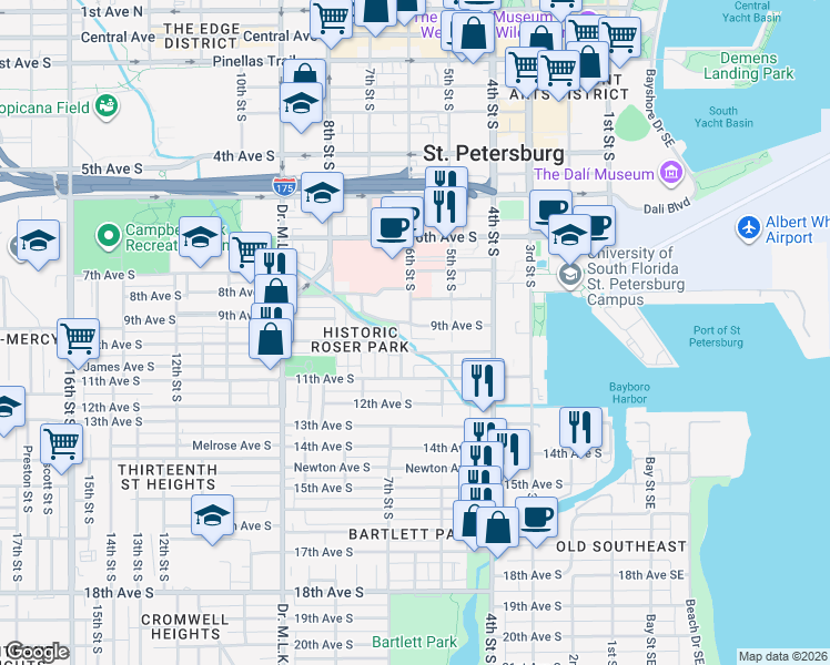 map of restaurants, bars, coffee shops, grocery stores, and more near 540 9th Avenue South in St. Petersburg