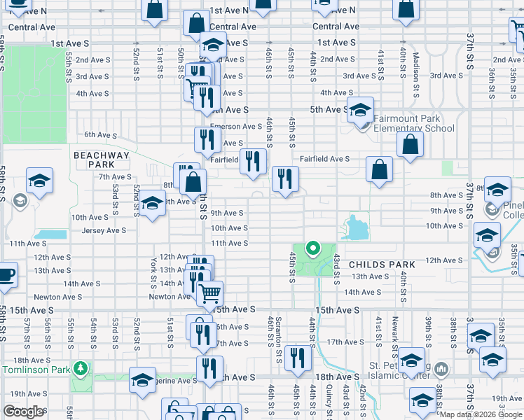 map of restaurants, bars, coffee shops, grocery stores, and more near 4634 9th Avenue South in St. Petersburg
