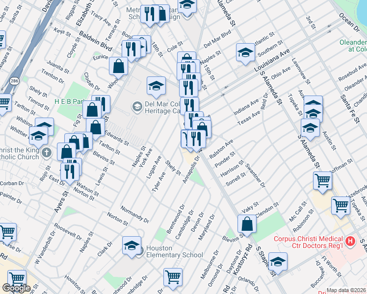 map of restaurants, bars, coffee shops, grocery stores, and more near 1137 Florida Avenue in Corpus Christi