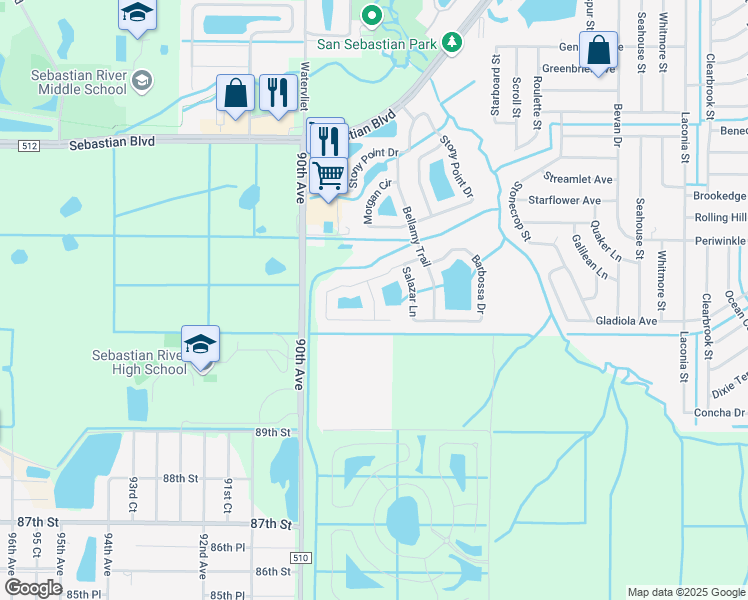 map of restaurants, bars, coffee shops, grocery stores, and more near 108 Elena Drive in Sebastian