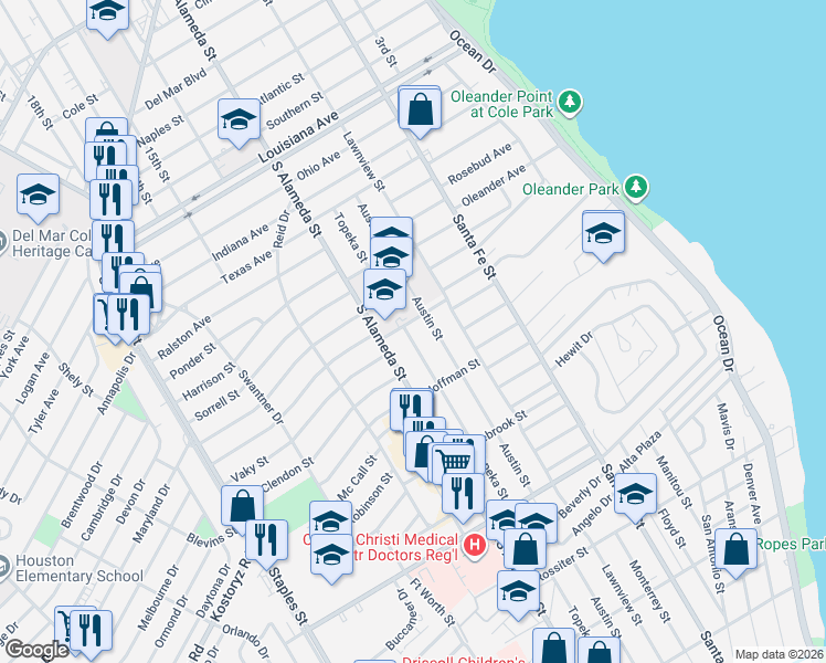 map of restaurants, bars, coffee shops, grocery stores, and more near 461 Chamberlain Street in Corpus Christi