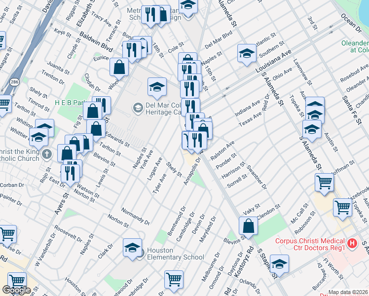 map of restaurants, bars, coffee shops, grocery stores, and more near 1137 Florida Avenue in Corpus Christi