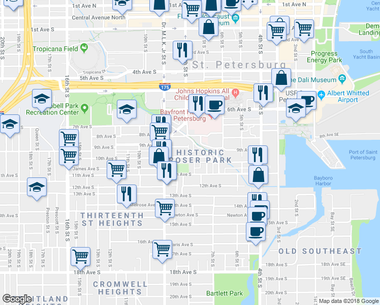 map of restaurants, bars, coffee shops, grocery stores, and more near 924 8th Street South in Saint Petersburg