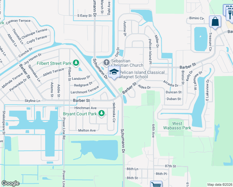 map of restaurants, bars, coffee shops, grocery stores, and more near 1394 Schumann Drive in Sebastian