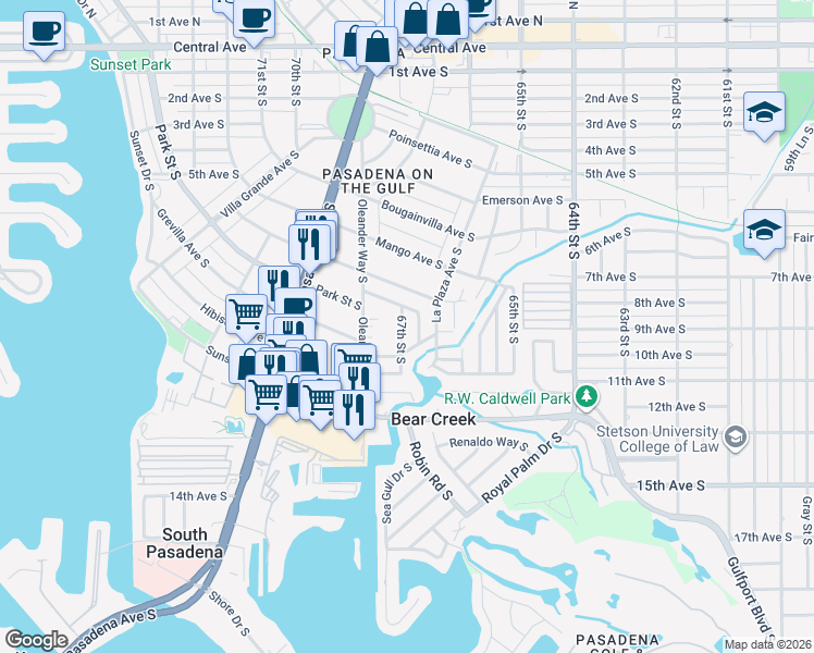map of restaurants, bars, coffee shops, grocery stores, and more near 844 67th Street South in St. Petersburg