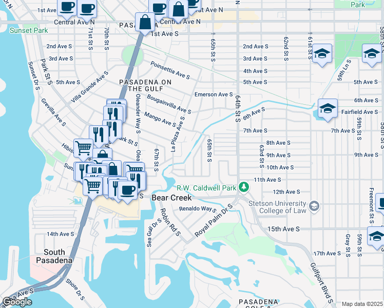 map of restaurants, bars, coffee shops, grocery stores, and more near 925 Brookwood Drive South in St. Petersburg