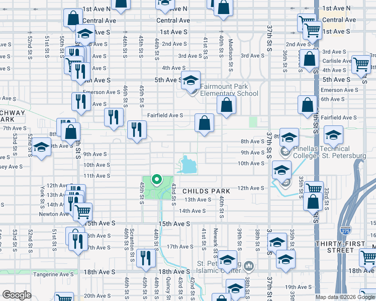 map of restaurants, bars, coffee shops, grocery stores, and more near 4236 9th Avenue South in St. Petersburg