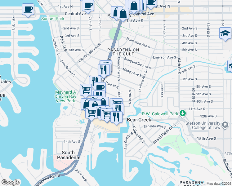 map of restaurants, bars, coffee shops, grocery stores, and more near 6800 Park Street South in South Pasadena