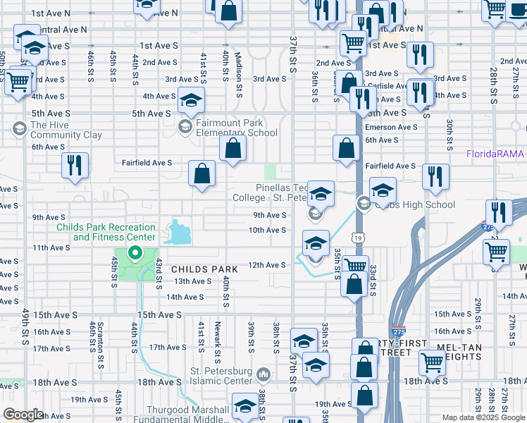 map of restaurants, bars, coffee shops, grocery stores, and more near 3821 9th Avenue South in Saint Petersburg