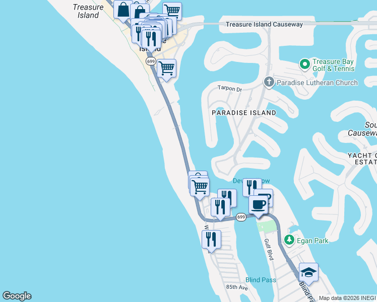 map of restaurants, bars, coffee shops, grocery stores, and more near 10091 Gulf Boulevard in Treasure Island