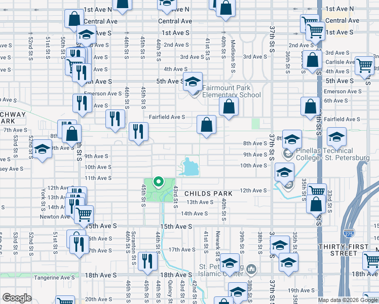 map of restaurants, bars, coffee shops, grocery stores, and more near 4236 9th Avenue South in St. Petersburg