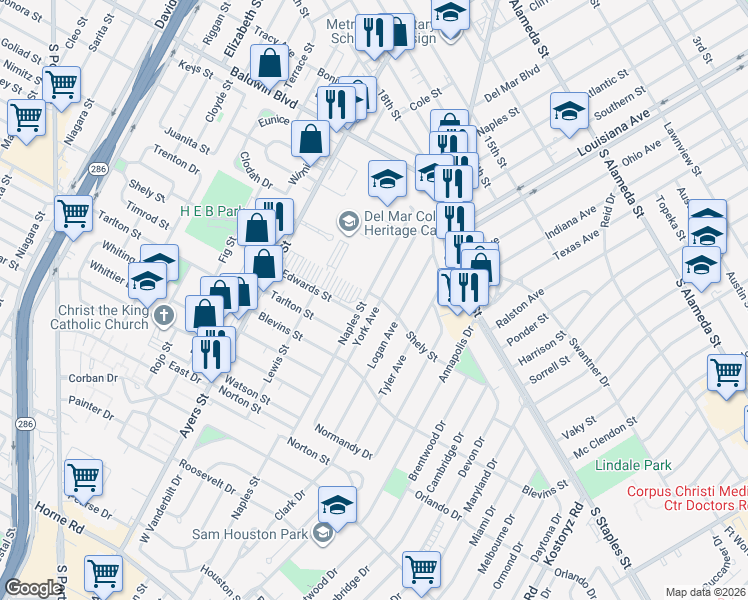 map of restaurants, bars, coffee shops, grocery stores, and more near 1217 York Avenue in Corpus Christi